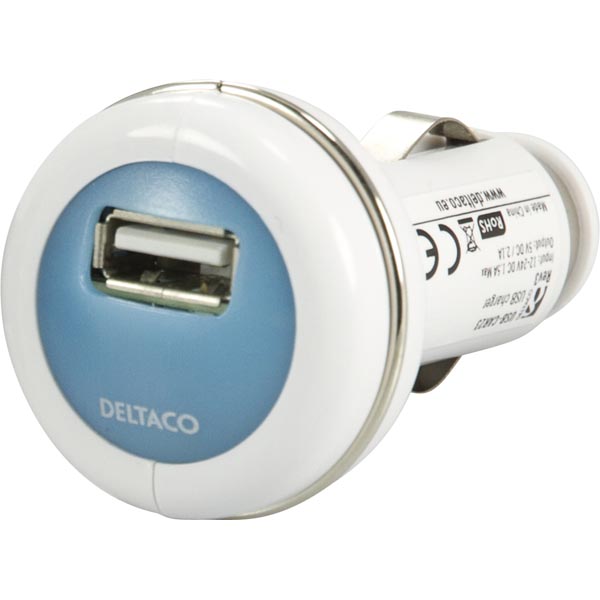 Deltaco USB Car Charger, USB A Female, 2.1A, White